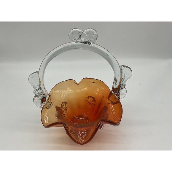 Vintage Hungarian Art Glass Burnt Orange And Clear 10 Inch Basket Collectible - Picture 14 of 16